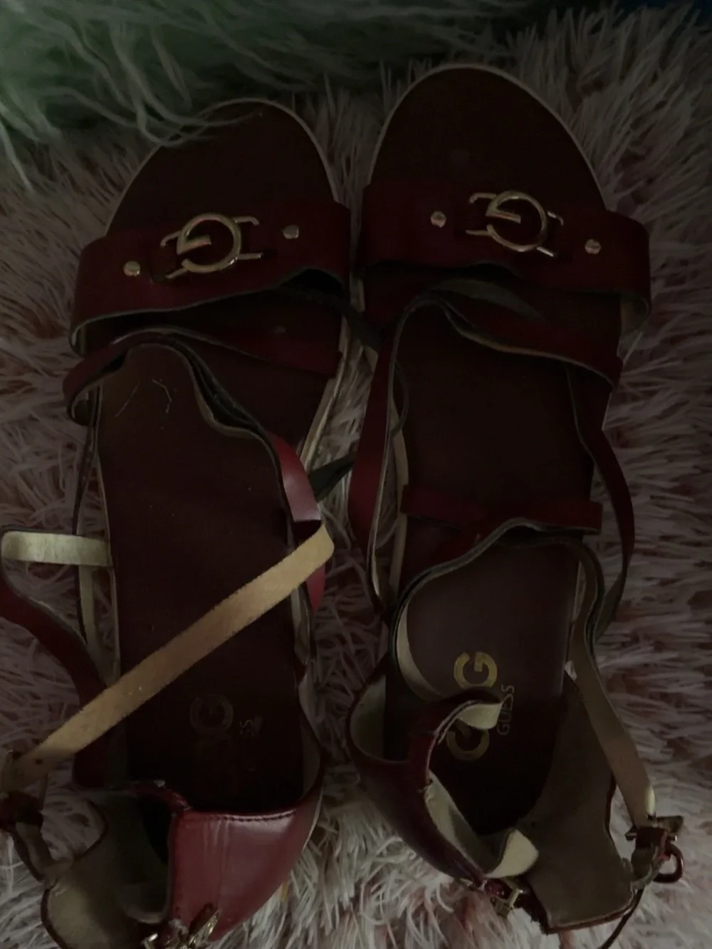 Guess Women’s Burgundy Strappy Sandals with Gold Trim